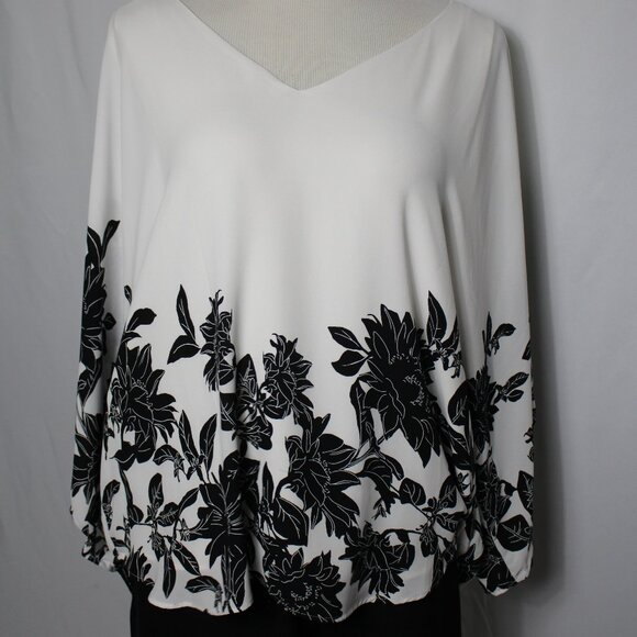 White House Black Market Tops - White House Black Market White Blouse with Black Floral Print Women's XL